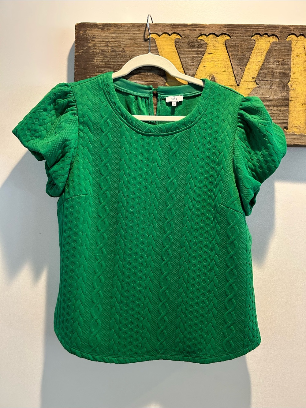 Voy Green Textured Puff-Sleeve Blouse